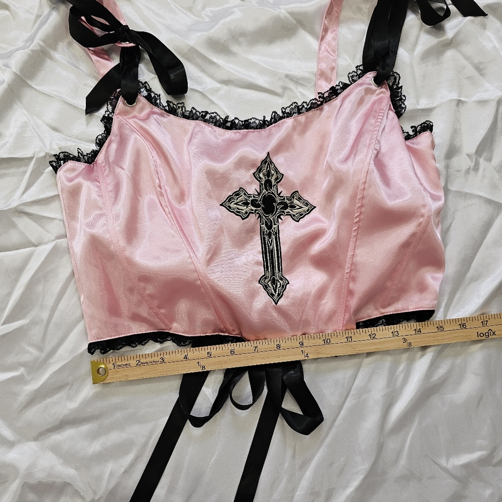Pink & Black Cross Satin Corset Top - Picture 4 of 6